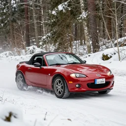 a 2 0 0 7 mazda mx - 5 roadster coupe, racing through a rally stage in a snowy forest
