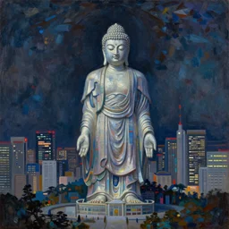 a cyberpunk zen art deco monument to buddha in neo tokyo by greg rutkowski and claude monet, oil on canvas.