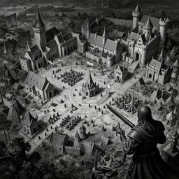 RTS gameplay third person in style of Durer, painting, engraving, grayscale, Stronghold strategy gameplay, dark tones, fantasy, medieval, buildings, units, RPG, high contrast, octane render