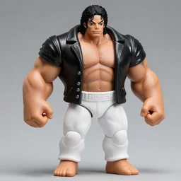 stoic michael jackson oversized muscular hulked powerlifter by neca!!! pretty! beautiful! shirtless muscular white pants black sequined jacket very detailed realistic action figure by neca. face very close!! shot face shot head shot. in the style of tekken 5, character with dark eye sockets, zombie from mortal kombat, film still, bokehs