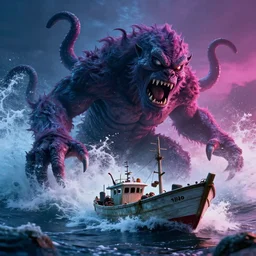 a huge monster of the deep emerges out of the crashing waves to attack a small fishing boat, tentacles, horror, cinematic lighting, Technicolor, global illumination