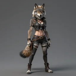a full body character portrait of a female anthropomorphic wolf / werewolf dressed punk in the style of jean giraud in the style of leonardo da vinci trending on artstation deviantart pinterest furaffinity hyper detailed photorealistic highlights and shadow hd 8 k post - processing high resolution
