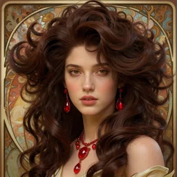 song of the hurricane, detailed beauty close - up portrait, chocolate, opulent swirling hair, crimson jewellery, organic background, art by wlop, peter morebacher, greg rutkowski, craig mullins, ruan jia, thomas kinkade, victor ngai, ernst haeckel, james jean, tomokazu matsuyama, alphonse mucha, unreal engine, blender, octane,