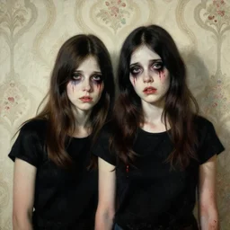 a baroque painting of two beautiful but creepy siblings wearing black band shirts in layers of fear, with haunted eyes and dark hair, 1 9 7 0 s, seventies, wallpaper, a little blood, morning light showing injuries, delicate embellishments, painterly, offset printing technique, by mary jane ansell
