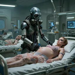 big budget science fiction movie set in a trashed war torn hospital about a sexy female cyborg in rubber and gas mask giving memory transplants to bizarre pregnant aliens on hospital beds