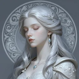 aristocrat, white grey blue color palette, eyes closed, female, d & d, fantasy, intricate, elegant, highly detailed, long silver hair, digital painting, artstation, octane render, concept art, matte, sharp focus, illustration, hearthstone, art by artgerm, alphonse mucha johannes voss
