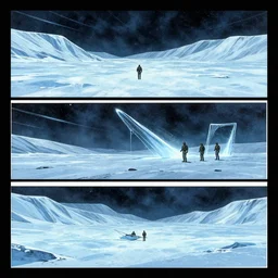 no border 3 panel graphic novel layout magnesium angles frozen tundra cryogenic tears hyperspace loneliness futuristic small unit tactics behind enemy lines littoral combat photorealistic graphic novel layout by michael komarck, greg rutkowski, victo ngai, artgerm, willem claesz heda and j. dickenson roger deakins john seale syd mead