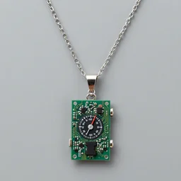 a photo of a necklace with a speed controller and circuit boards hanging from it, jewelry, 4k