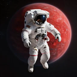 a single lonely astronaut floating in the space with a red planet in the background, hyperrealistic, concept art, octane render, unreal engine 5, trending on artstation, high quality, greg rutkowski, highly detailed, 8 k, path traced, anatomically correct, five fingers, cinematic, high coherence, serene landscape