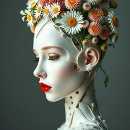 biomechanical beautiful woman portrait with a smooth carved porcelain ivory profile face, futuristic haute couture, iris van herpin, headdress with daisies, colorful puffballs, mushrooms, rhizomorphs, brackets, sponge corals, laser cut paper, red lips, leaves tendrils magnesium, hyper detailed, ultra sharp, 8 k, uhd