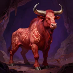 a shaded - cartoon full - body illustration of a male minotaur with glowing tribal skin markings in a dark cave environment with a bovine head, painterly, detailed, art - deco, red and - purple - palette : : 0. 3 pulp fiction, intricate, elegant, highly detailed, digital painting, artstation, concept art, smooth, sharp focus, illustration, art by krenz cushart and artem demura and alphonse mucha
