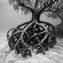 mangrove roots underwater, award winning cyan and white photography, high contrast, high definition