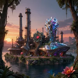 industrial architecture by owen d. pomery, flowers architecture island dieselpunk darkacademia synthwave crystal cosmic biopunk sunset forest reclaimed by nature, archdaily, wallpaper, highly detailed, trending on artstation.