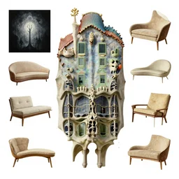 furniture designs in the style of gaudí, design sheet, Les Edwards, Zdzislaw Beksinski, Carl Gustav Carus, John Harris, Michal Karcz, Zhang Kechun, Mikko Lagerstedt, Scott Listfield, Steven Outram, Jessica Rossier.
