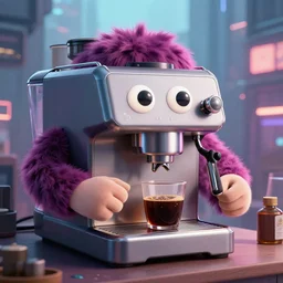 monster coffee machine with hands and eyes, big city, 8 k, details, artstation trends, cyberpunk concept art