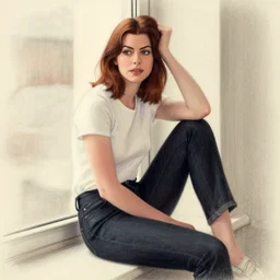 anne hathaway, drawn in the style of ilya kuvshinov, sitting down, leaning against the window