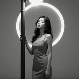 beautiful woman in a coffee dress standing under the circle of light of lamp post, grayscale phtoto with red dress, high resolution, 8k resolution, highly detailed, attention to details, realism, photo-realism, photo by marco glaviano, 35mm