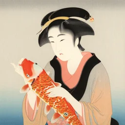 painting of a 1 9 th century japanese woman holding a koi fish, colorful, ukiyo - e painting