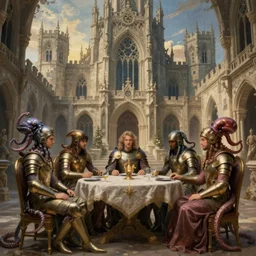 mages with human bodies and magical armour with octopus heads sitting near the table in an ancient mage castle with enormous scale, gothic and baroque, brutalist architecture, ultradetailed, Intricate by James Jean and Josan Gonzalez and John Howe and Giuseppe Arcimboldo