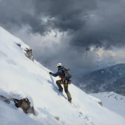 a climber climbs a snowy mountain in a storm, close portrait, painting by craig mullins, octane rendering, soft morning lighting, wide angle lens, in the style of hayao miyazaki, trending on artstation,