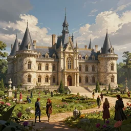 A fancy landscape of a Medieval Noble Estate by Greg Rutkowski, Sung Choi, Mitchell Mohrhauser, Maciej Kuciara, Johnson Ting, Maxim Verehin, Peter Konig, 8k photorealistic, cinematic lighting, HD, high details, dramatic, Vivid Colors, trending on artstation