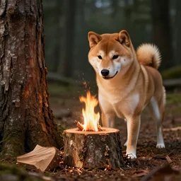 a shiba inu dog chopping trees to collect firewood, trending on artstation, rendered in unreal engine 5, sharp, dramatic lighting