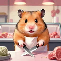 a hamster with an evil face, working in a butcher shop, holds knives in his hands. drawing. front view.