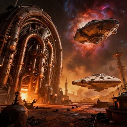 a warm colours, high contrast dark hyperreal steampunk Circus with massive pipes maschinen krieger mri machine millennium falcon space-station Vuutun Palaa submarine, space-station Vuutun Palaa, ilm, beeple, star citizen halo, mass effect, starship troopers, elysium, the expanse, iron smelting pits, high tech industrial, dramatic nebula sky, volumetric lighting