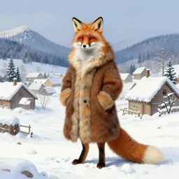 a fox wearing a long fur coat in a snowy village, character illustration by greg rutkowski, thomas kinkade, Howard Pyle, El Greco, Cynthia Sheppard