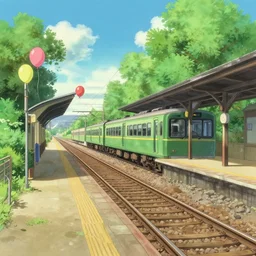 a beautiful painting of a train station, railway platform, summer, rail, trees, sunshine, balloons, 4 k wallpaper, very detailed, by makoto shinka and ghibli studio
