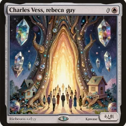 a symmetrical!!! delicate mtg illustration by charles vess, rebecca guay and kawase hasui of a large group of people entering the glowing doorway of a massive vulva - shaped temple constructed of tree trunks, carved iridescent pearls and house - sized crystals of smooth and organic architecture floating in the astral plane