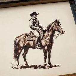 cowboy outlaw sitting on a horse. serigraph. screen - printed. sun - bleached highlights on colt's face, hat in 4 colors