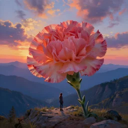 giant carnation flower head, girl hiking in the mountains, surreal photography, sunrise, dramatic light, impressionist painting, colorful clouds, digital painting, artstation, simon stalenhag