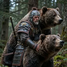 vfx movie closeup detailed ancient armored warrior orc hunting riding large bear in the forest, natural lighting by emmanuel lubezki