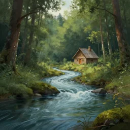 beautiful matte painting of river in forest, fantasy, small cabin