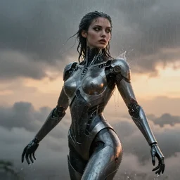 a biblical diabolical beautiful female android, rain on face, shiny hi tech armor, dynamic pose, splashing, heavy eyes to the side, glowing veins, in clouds, rain, sunset, portrait, by gerald brom, by mikhail vrubel, by peter elson, muted colors, extreme detail, reflections, trending on artstation, 8 k