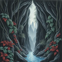 a beautiful pencil artwork of dark void in a lush humid ancient jungle cave, mountains, souls screaming, cosmic horror, vines, water, black leaves, red leaves, blue leaves, lush flora, the north star, volumetric lighting, haze, 8 k