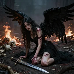 fallen female archangel with black feathered wings, heavily scared and wounded from battle with devils, looks to be in grief, kneeling on the ground in a hellscape with a broken holy sword in front of her, and a pile of bones is aflame behind her. 4 k, hyper detailed, super realistic, dark fantasy