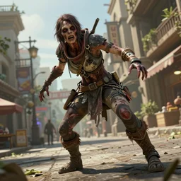 zombie action pose reference, procedurally generated, epic post apocalyptic hermit character, costume design from shopping mall, ancient city streets behind her, substance designer, PBR, HD, Ultra detailed, hyperrealistic, megascans, volumetric light, concept by master artist, good looking face, natural light, crazy angle