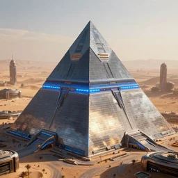 massive metal futuristic pyramid with a band oh glowing blue lights around the middle, in a large futuristic desert city with atmospheric perspective