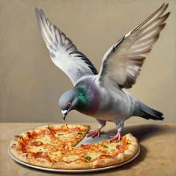a pigeon eating a pizza with its wings, oil painting by salvador dali