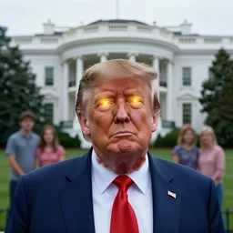 Donald Trump with glowing eyes, white house family in background, created by Mike Winkelmann