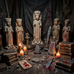 cluttered dark room full of ancient artifacts statues runes candles dusty brooding books magical arcane instruments ritual stone knife blood graffiti drapery hdr