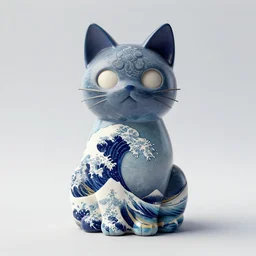 3d printed ferrofluid cat statue kintsugi illustration by hokusai