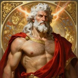 painted portrait of rugged zeus, god of thunder, greek god, white hair, masculine, mature, handsome, upper body, oppresive, red and gold, muscular, hairy torso, fantasy, intricate, elegant, highly detailed, digital painting, artstation, concept art, smooth, sharp focus, illustration, art by gaston bussiere and alphonse mucha