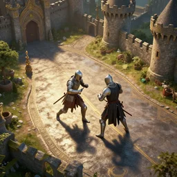 fight scene medieval road near castles, center camera composition, isometric, volumetric lighting, movie action scene, 8 k, lumen reflections, sharpened, insanely detailed and intricate, elegant, ornate