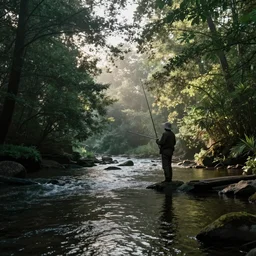 otter fisherman, even light, forest river, morning forest