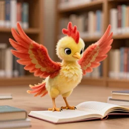 a cute adorable phoenix fledgling learning to read in a library #Live-Action