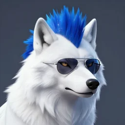 A White Wolf, blue mohawk hairstyle, aviator sunglasses, synthwave style, artstation
