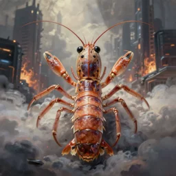 ultra realist and ultra intricate detailed soft painting of a sci fi mantis shrimp, from the waist up, sci-fi helmet, symmetry features, sensual gloomy style, volumetric clouds, cyberpunk burning building background, artstation, unreal render, depth of field